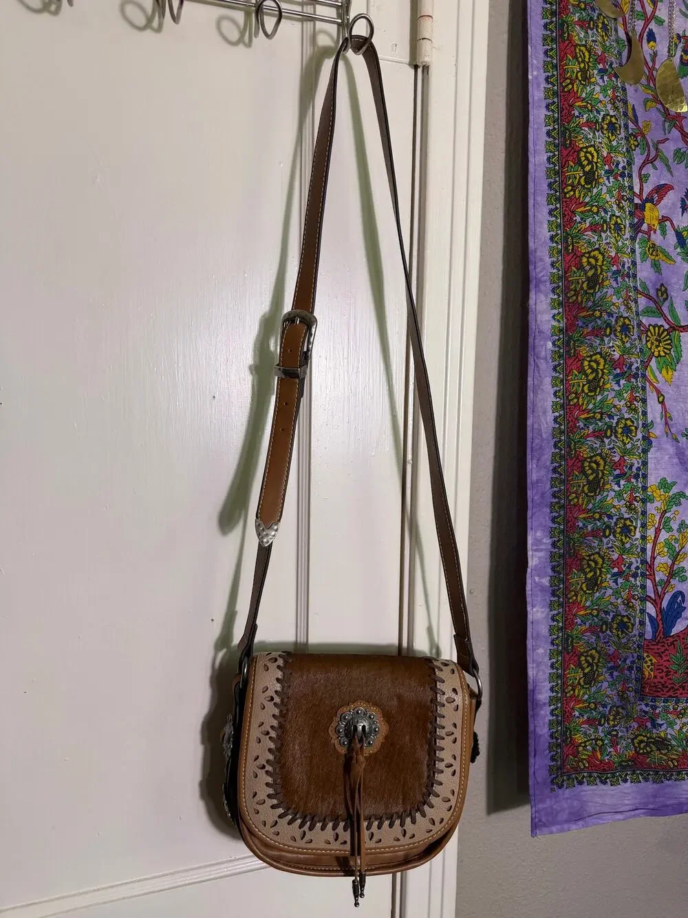 Justin Western Crossbody Purse Cowhide Look Concho Saddle Bag Brown NWT